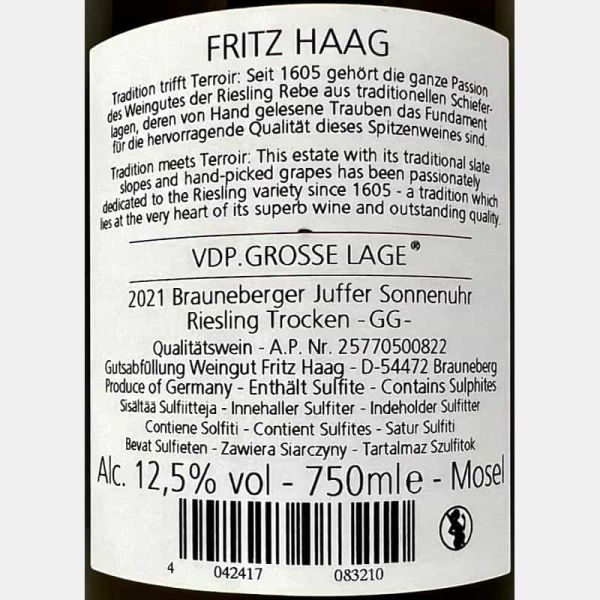 Riesling Brauneberger Juffer Sonnenuhr Großes Gewächs trocken VDP 2021 - Fritz Haag Riesling Brauneberger Juffer Sonnenuhr Großes Gewächs trocken VDP 2021 - Fritz Haag