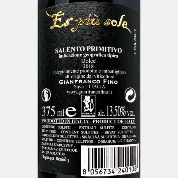 Primitivo Salento Dolce Es Più Sole IGT 2018 Half 0,375L - Gianfranco Fino Primitivo Salento Dolce Es Più Sole IGT 2018 Half 0,375L - Gianfranco Fino