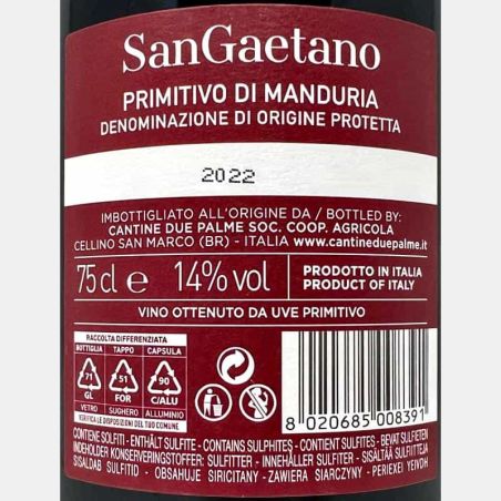 Primitivo di Manduria SanGaetano DOP 2022 - Cantine Due Palme