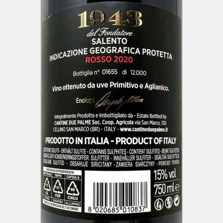 1943 del Presidente Rosso Salento IGP 2020 - Cantine Due Palme