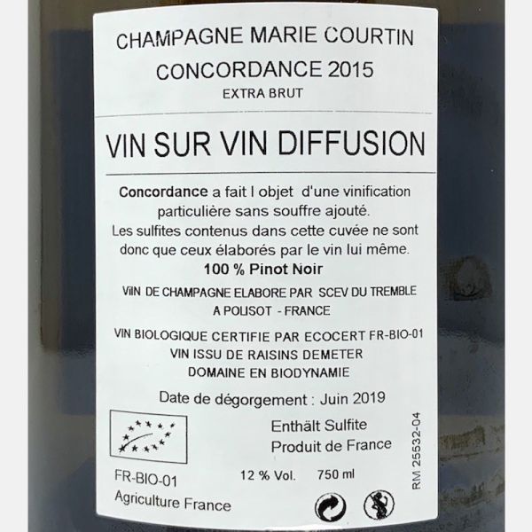 Champagne Concordance Extra Brut 2015 Bio - Marie-Courtin Champagne Concordance Extra Brut 2015 Bio - Marie-Courtin
