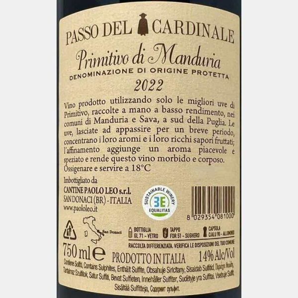 Primitivo di Manduria Passo del Cardinale DOC 2022 - Paolo Leo Primitivo di Manduria Passo del Cardinale DOC 2022 - Paolo Leo