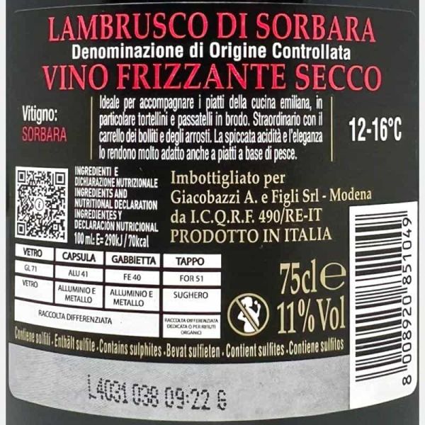 Lambrusco di Sorbara 1 Brut DOC - Giacobazzi Lambrusco di Sorbara 1 Brut DOC - Giacobazzi