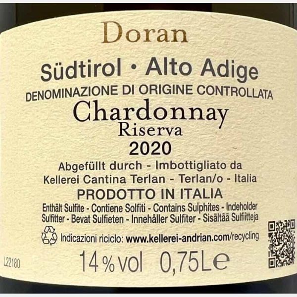 Chardonnay Riserva Doran Alto Adige DOC 2020 - Cantina Andrian Chardonnay Riserva Doran Alto Adige DOC 2020 - Cantina Andrian