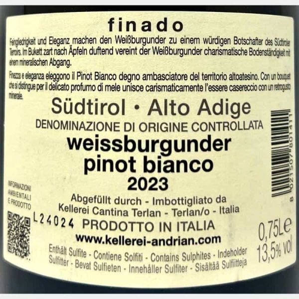 Pinto Bianco Finado Alto Adige DOC 2023 - Cantina Andrian Pinto Bianco Finado Alto Adige DOC 2023 - Cantina Andrian