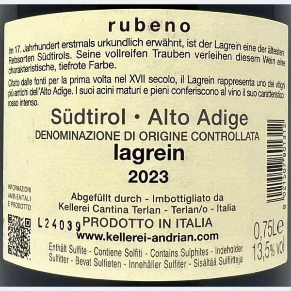 Lagrein Rubeno Alto Adige DOC 2023 - Cantina Andrian Lagrein Rubeno Alto Adige DOC 2023 - Cantina Andrian