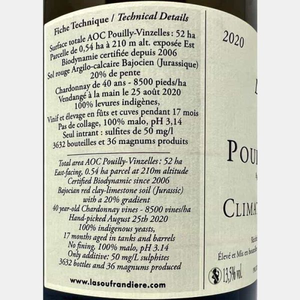 Pouilly-Vinzelles Climat Les Longeays AOC 2020 Bio - La Soufrandière Pouilly-Vinzelles Climat Les Longeays AOC 2020 Bio - La Soufrandière