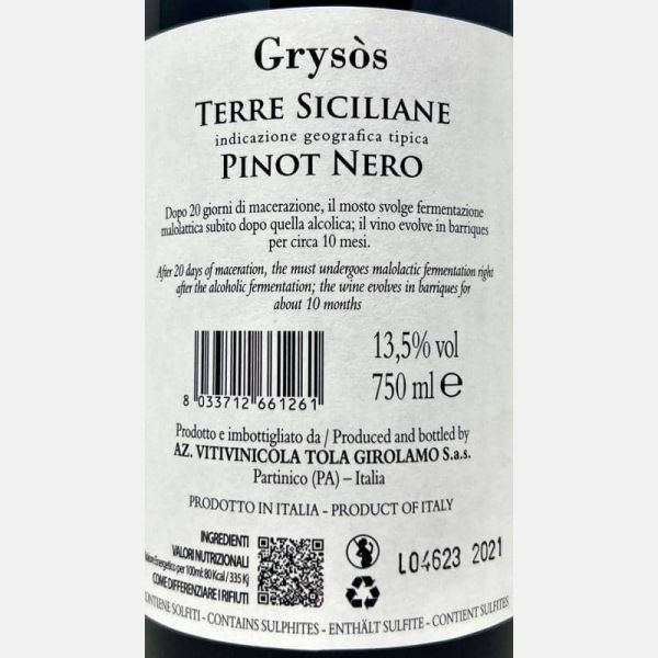 Pinot Nero Grysos Terre Siciliane IGP 2021 - Tola Pinot Nero Grysos Terre Siciliane IGP 2021 - Tola
