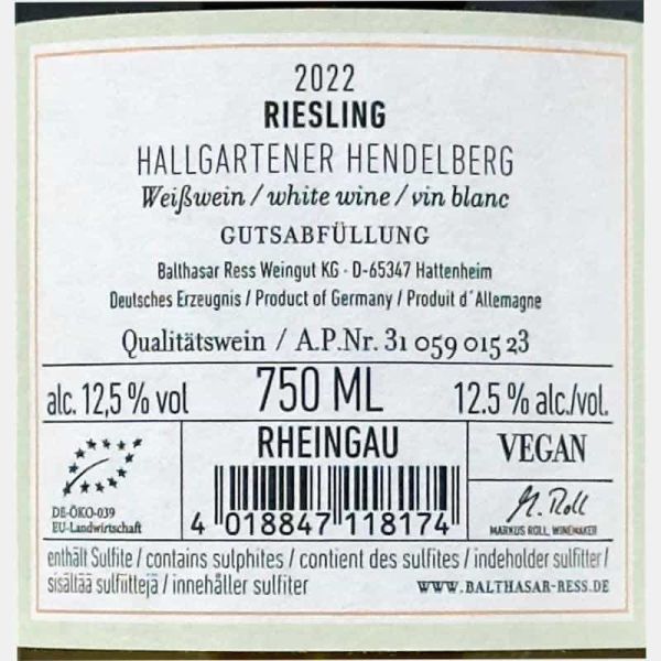 Riesling Rheingau Hallgartener Hendelberg trocken VDP 2022 Bio - Balthasar Ress Riesling Rheingau Hallgartener Hendelberg trocken VDP 2022 Bio - Balthasar Ress