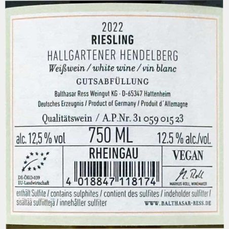 Riesling Rheingau Hallgartener Hendelberg trocken VDP 2022 Bio - Balthasar Ress