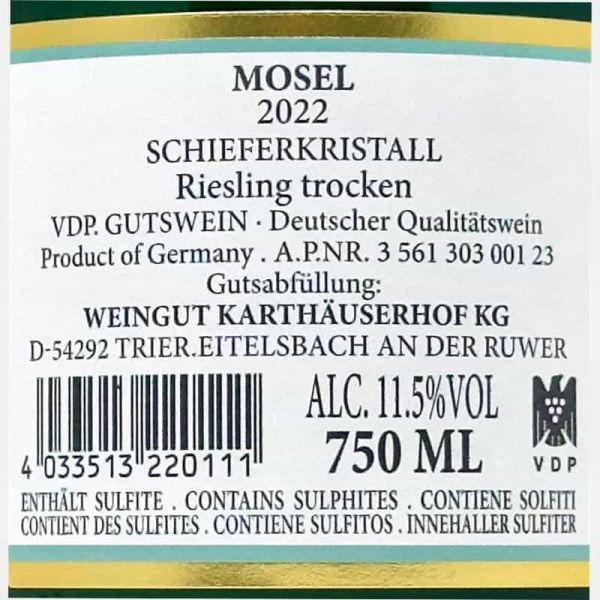 Riesling Mosel Schieferkristall trocken VDP 2022 - Karthauserhof Riesling Mosel Schieferkristall trocken VDP 2022 - Karthauserhof