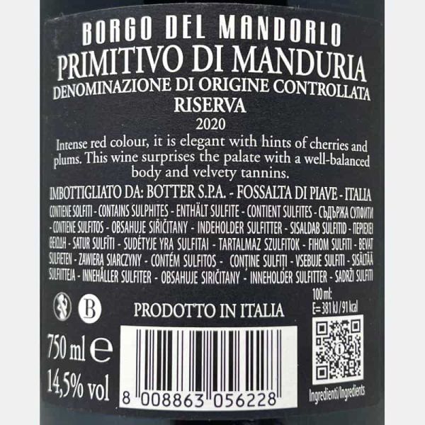 Primitivo di Manduria Riserva DOC 2020 - Borgo del Mandorlo, Botter Primitivo di Manduria Riserva DOC 2020 - Borgo del Mandorlo, Botter