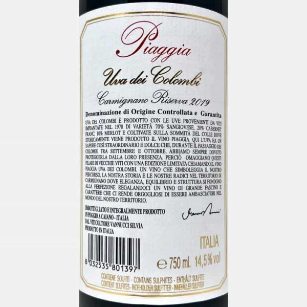 Uva dei Colombi Carmignano Riserva DOCG 2019 - Piaggia Uva dei Colombi Carmignano Riserva DOCG 2019 - Piaggia