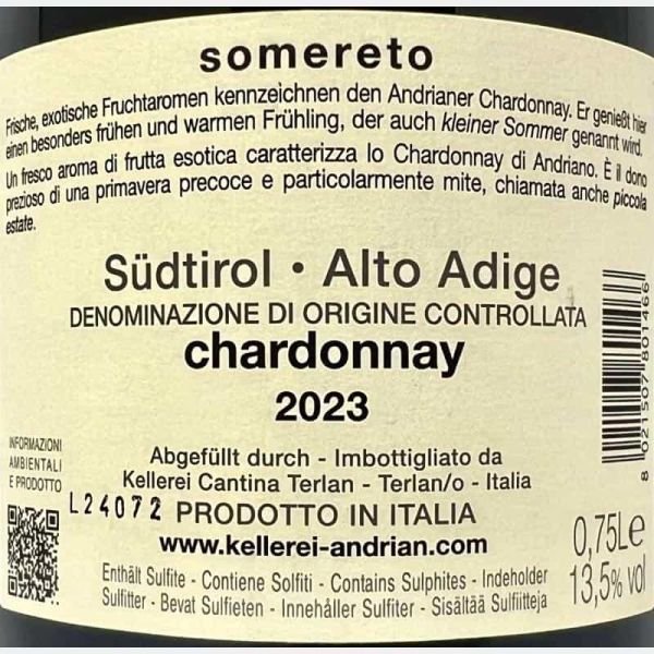 Chardonnay Somereto Alto Adige DOC 2023 - Cantina Andrian Chardonnay Somereto Alto Adige DOC 2023 - Cantina Andrian