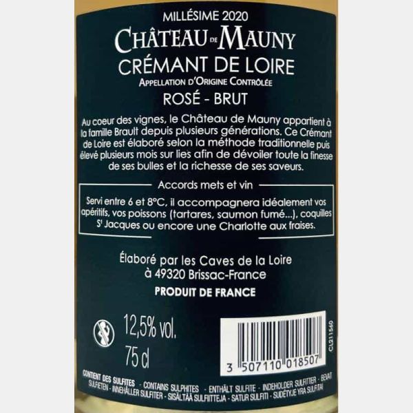 Cremant de Loire Rosé Millesime Brut AOC 2020 - Chateau de Mauny Cremant de Loire Rosé Millesime Brut AOC 2020 - Chateau de Mauny