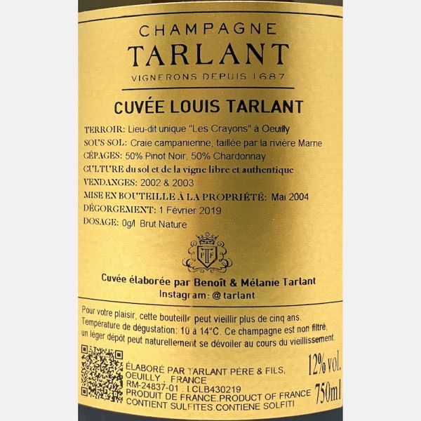 Champagne Cuvee Louis Tarlant Brut Nature AOC 2004 - Tarlant Champagne Cuvee Louis Tarlant Brut Nature AOC 2004 - Tarlant