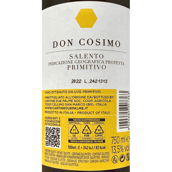 Primitivo Don Cosimo Salento IGP 2022 - Cantine Due Palme Primitivo Don Cosimo Salento IGP 2022 - Cantine Due Palme