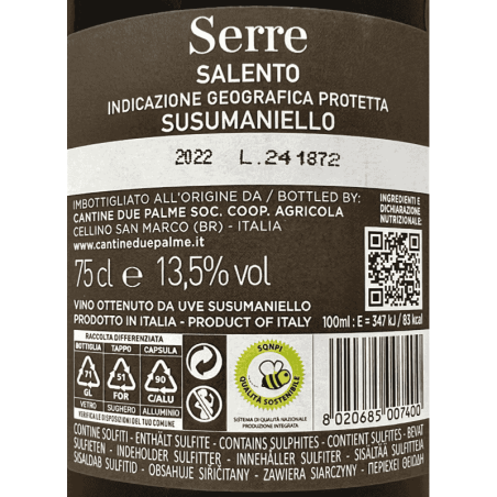 Susumaniello Serre Salento IGP 2022 - Cantine Due Palme