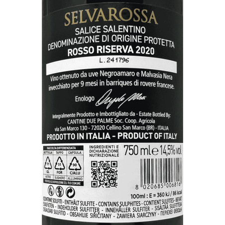 Salice Salentino Riserva Selvarossa DOP 2020 - Cantine Due Palme