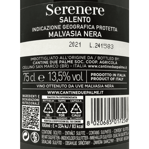 Malvasia Nera Serenere Salento IGP 2021 - Cantine Due Palme Malvasia Nera Serenere Salento IGP 2021 - Cantine Due Palme