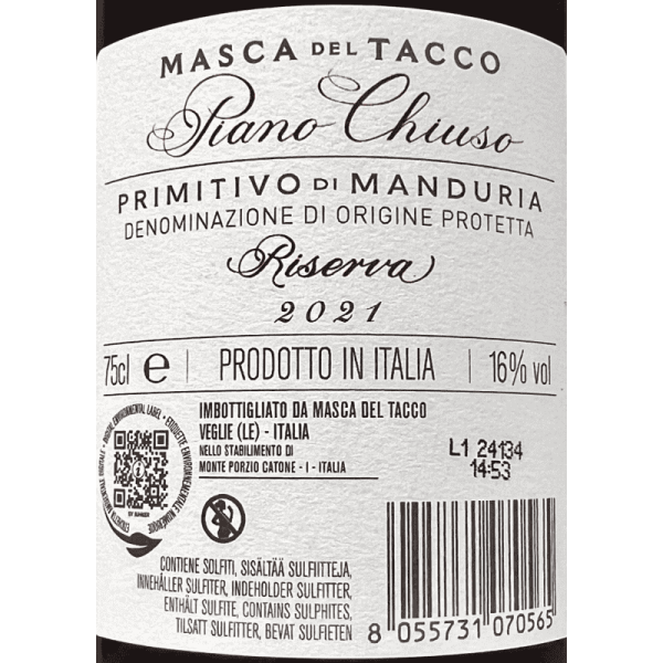 Primitivo di Manduria Riserva Piano Chiuso DOC 2021 - Masca del Tacco Primitivo di Manduria Riserva Piano Chiuso DOC 2021 - Masca del Tacco