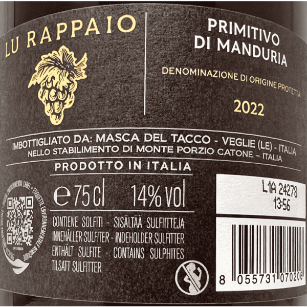 Primitivo di Manduria Lu Rappaio DOC 2022 - Masca del Tacco Primitivo di Manduria Lu Rappaio DOC 2022 - Masca del Tacco