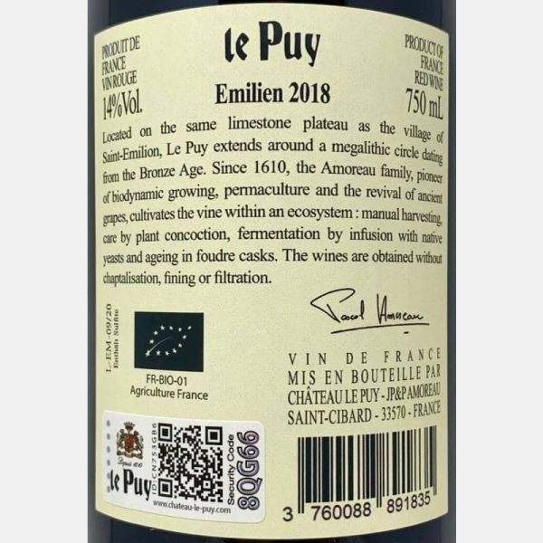Emilien Rouge Francs Côtes de Bordeaux AOC 2018 Bio - Château Le Puy Emilien Rouge Francs Côtes de Bordeaux AOC 2018 Bio - Château Le Puy
