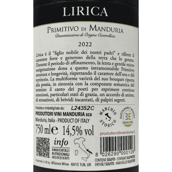 Primitivo di Manduria Lirica DOC 2022 - Produttori di Manduria Primitivo di Manduria Lirica DOC 2022 - Produttori di Manduria