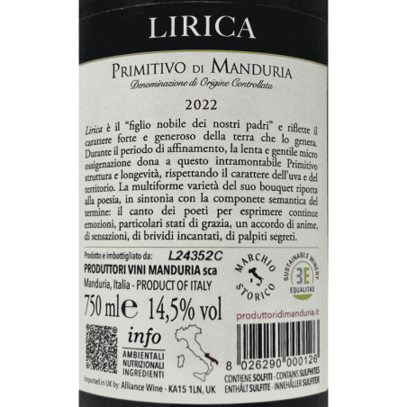 Primitivo di Manduria Lirica DOC 2022 - Produttori di Manduria