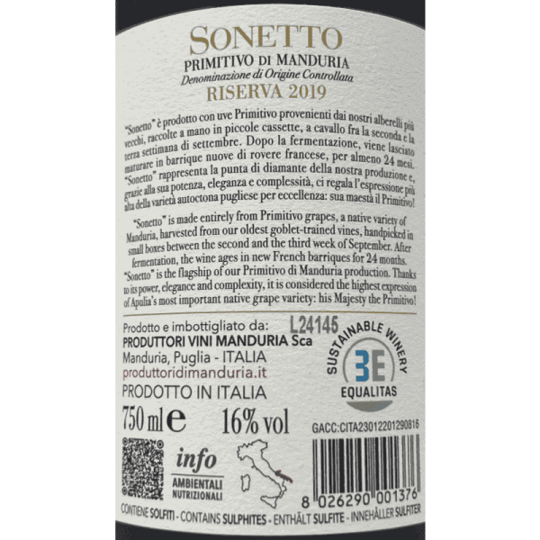 Primitivo di Manduria Riserva Sonetto DOC 2019 - Produttori di Manduria Primitivo di Manduria Riserva Sonetto DOC 2019 - Produttori di Manduria