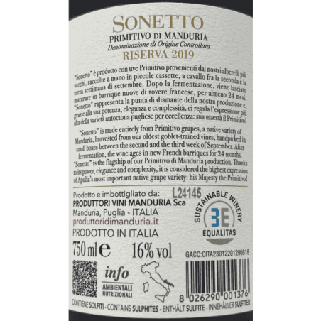 Primitivo di Manduria Riserva Sonetto DOC 2019 - Produttori di Manduria