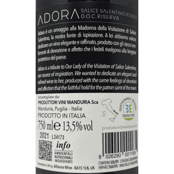 Salice Salentino Riserva Adora DOP 2021 - Produttori di Manduria Salice Salentino Riserva Adora DOP 2021 - Produttori di Manduria