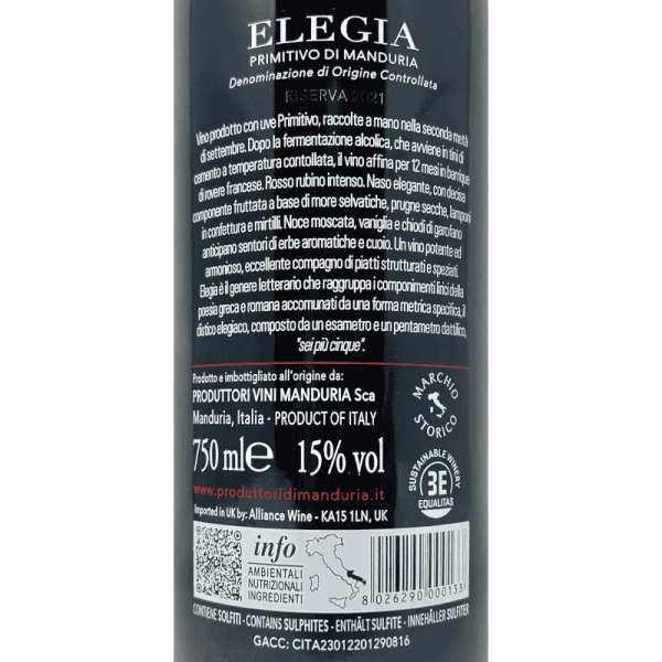 Primitivo di Manduria Riserva Elegia DOC 2021 - Produttori di Manduria Primitivo di Manduria Riserva Elegia DOC 2021 - Produttori di Manduria