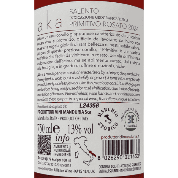 Primitivo Rosato Aka Salento IGT 2024 - Produttori di Manduria Primitivo Rosato Aka Salento IGT 2024 - Produttori di Manduria