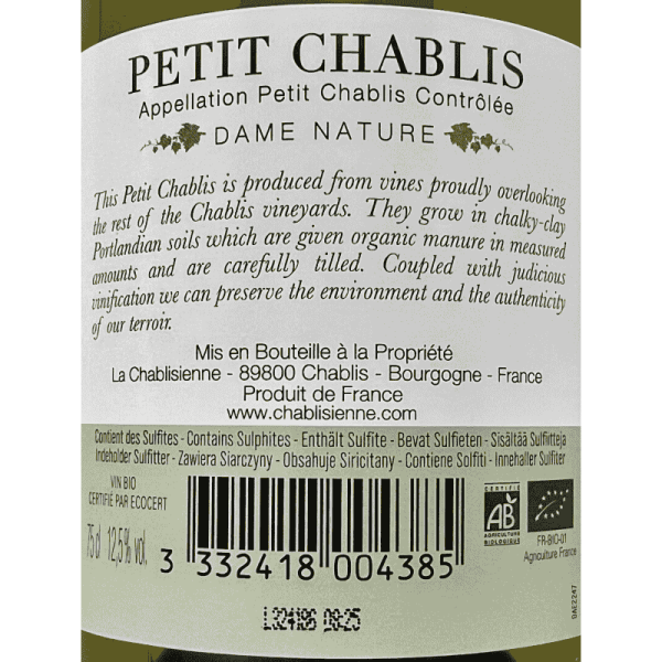 Petite Chablis Dame Nature AOC 2023 Bio - La Chablisienne Petite Chablis Dame Nature AOC 2023 Bio - La Chablisienne