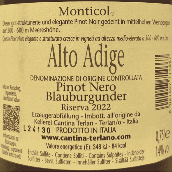 Pinot Nero Riserva Monticol Alto Adige DOC 2022 - Cantina Terlan Pinot Nero Riserva Monticol Alto Adige DOC 2022 - Cantina Terlan