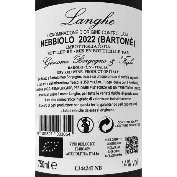 Nebbiolo Langhe Bartomè DOC 2022 Bio...