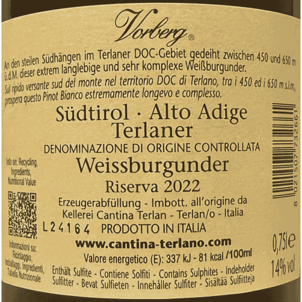 Pinot Bianco Riserva Vorberg Alto Adige Terlano DOC 2022 - Cantina Terlan Pinot Bianco Riserva Vorberg Alto Adige Terlano DOC 2022 - Cantina Terlan