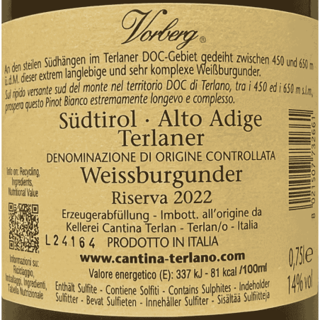 Pinot Bianco Riserva Vorberg Alto Adige Terlano DOC 2022 - Cantina Terlan