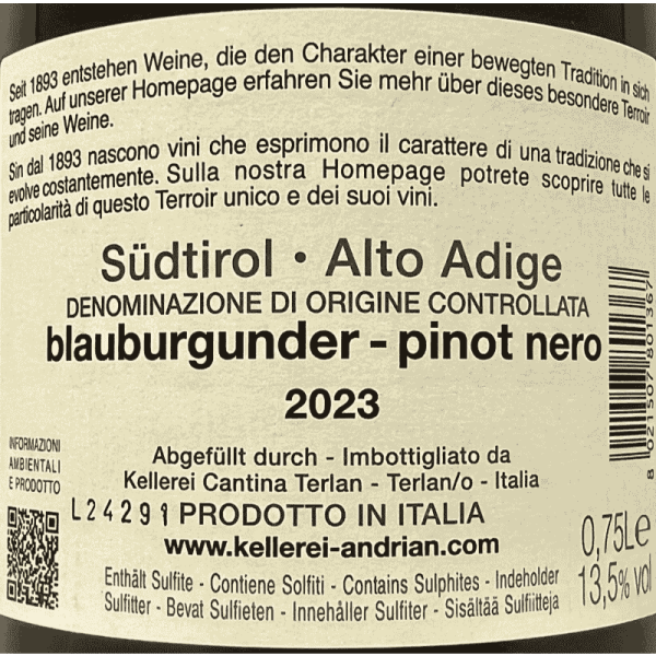 Pinot Noir Alto Adige DOC 2023 - Cantina Andrian Pinot Noir Alto Adige DOC 2023 - Cantina Andrian