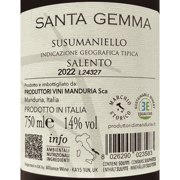 Susumaniello Santa Gemma Salento IGP 2022 - Produttori di Manduria Susumaniello Santa Gemma Salento IGP 2022 - Produttori di Manduria