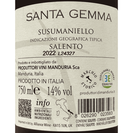 Susumaniello Santa Gemma Salento IGP 2022 - Produttori di Manduria