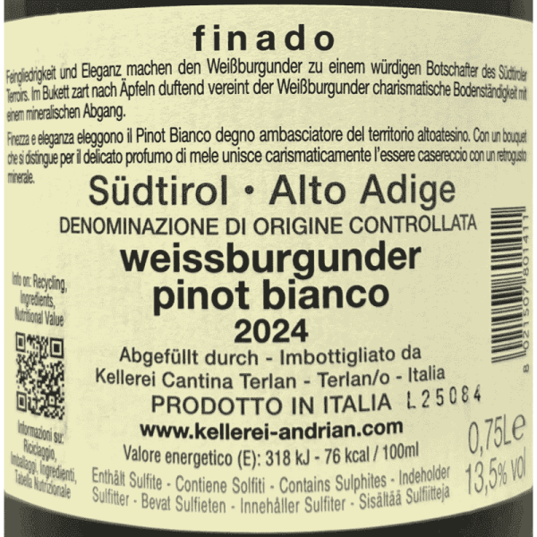 Weissburgunder Finado Alto Adige DOC 2024 - Cantina Andrian Weissburgunder Finado Alto Adige DOC 2024 - Cantina Andrian
