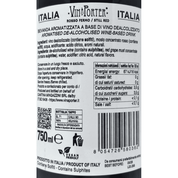 Vino Rosso Fermo Sotto Zero Dealcolato 0,0% - Vin a Porter