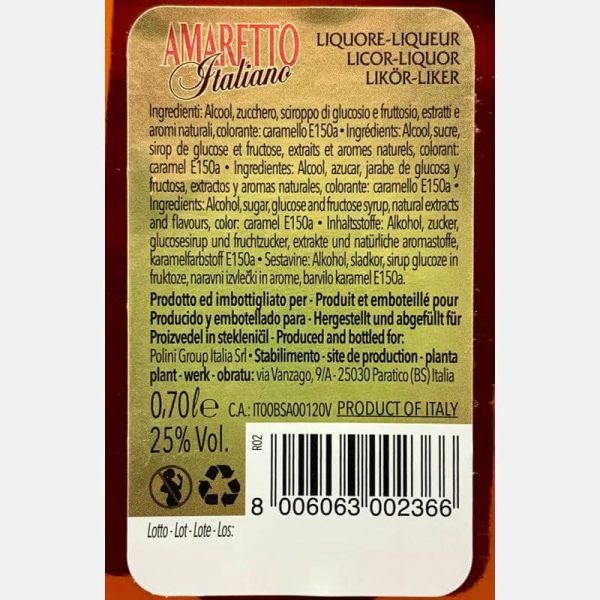 Liquore Amaretto Italiano 0,7L 25%Vol. - Polini Liquore Amaretto Italiano 0,7L 25%Vol. - Polini