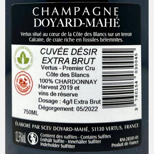 Champagne Blanc de Blancs Vertus Premier Cru Cuvée Désir Extra Brut - Doyard-Mahe Champagne Blanc de Blancs Vertus Premier Cru Cuvée Désir Extra Brut - Doyard-Mahe