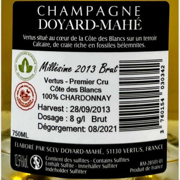 Champagne Blanc de Blancs Vertus Premier Cru Millésime Brut 2013 - Doyard-Mahe Champagne Blanc de Blancs Vertus Premier Cru Millésime Brut 2013 - Doyard-Mahe