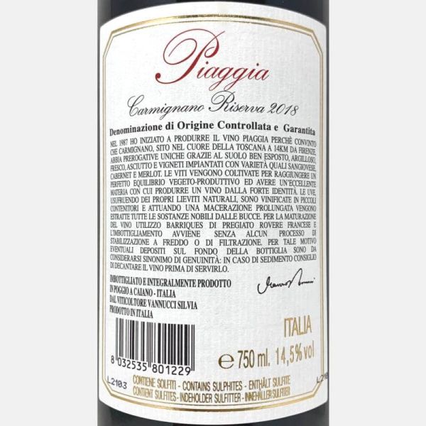 Piaggia Carmignano Riserva DOCG 2018 - Piaggia Piaggia Carmignano Riserva DOCG 2018 - Piaggia