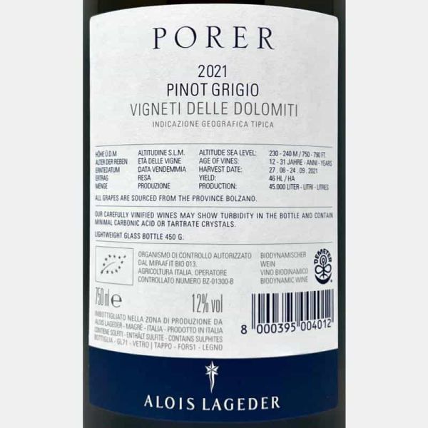 Pinot Grigio Porer Vigneti delle Dolomiti IGT 2021 Bio - Alois Lageder Pinot Grigio Porer Vigneti delle Dolomiti IGT 2021 Bio - Alois Lageder